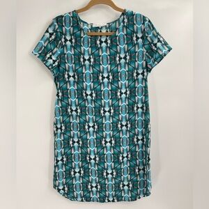 Wayf Green Geometric Design Multicolor Shift Dress Short Sleeve Size Medium